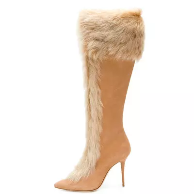 Sweet gorgeous rabbit fur pointed high heel long knee length boots for women